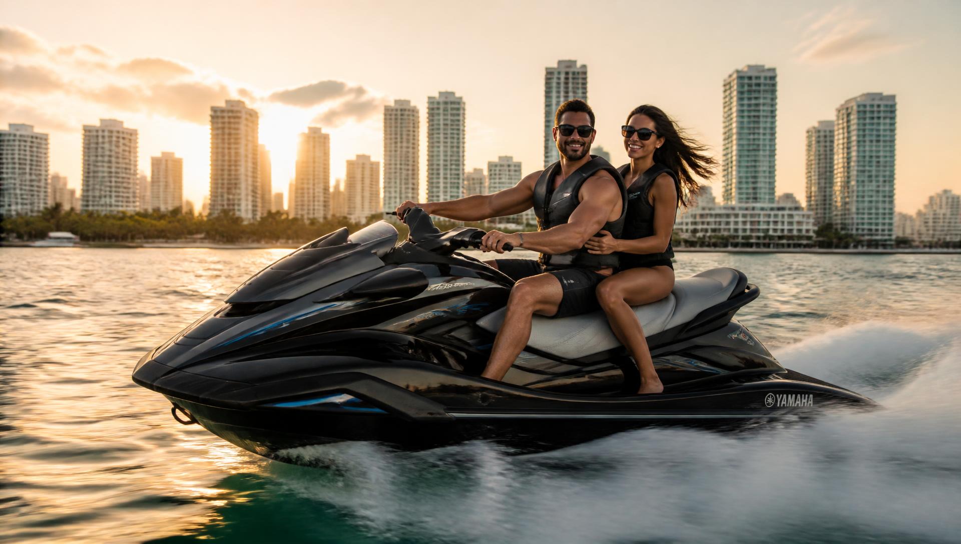 Couple riding a Yamaha WaveRunner at golden hour in Tampa