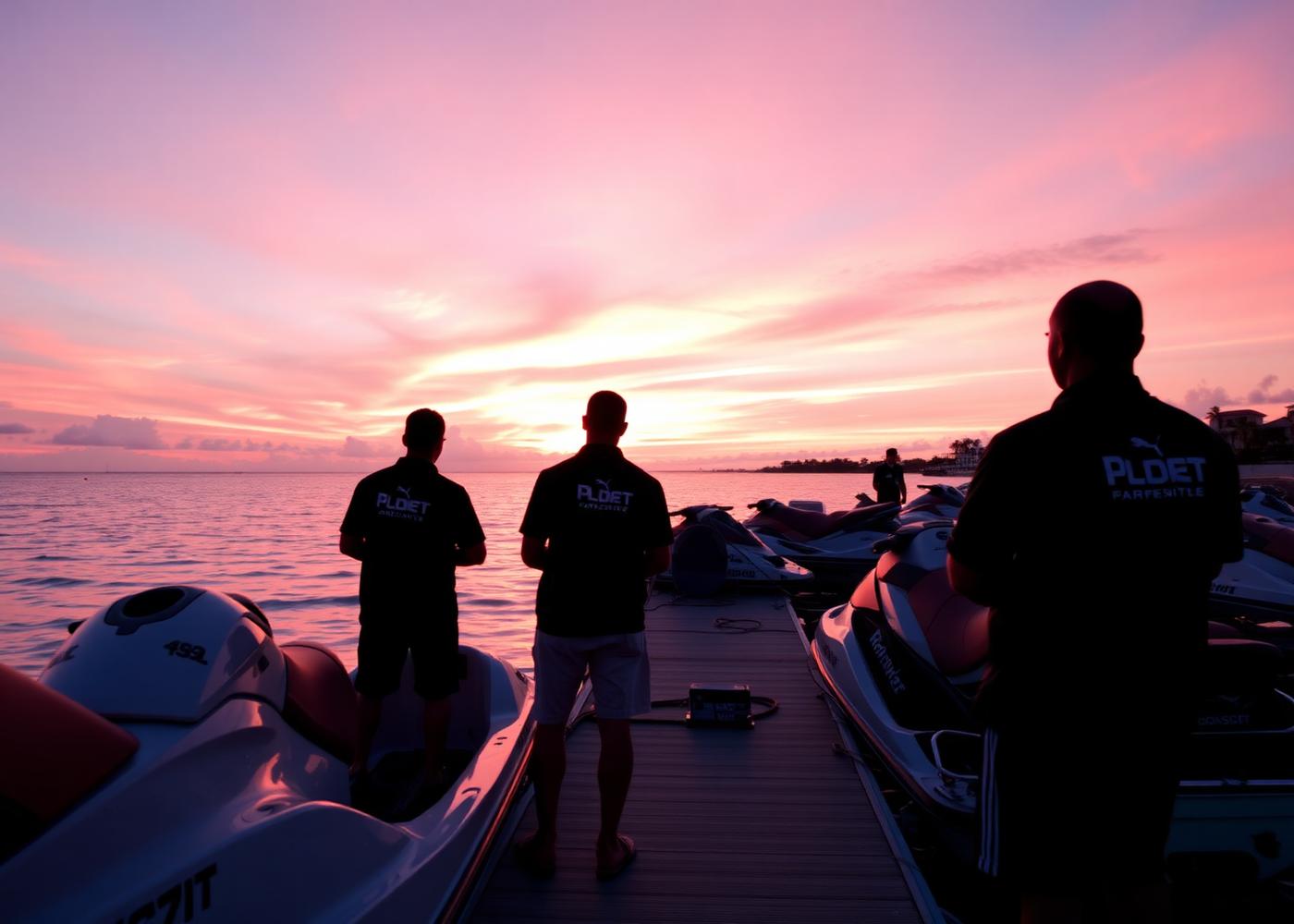 The Swift Jet Ski Rentals crew prepping Yamaha WaveRunners at sunrise